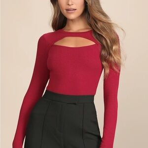 Wine Red Ribbed Cutout Long Sleeve Top